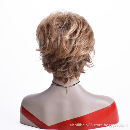 Aishili wholesale short blonde  brown fluffy bob hair closure kinky straight synthetic wigs for black women